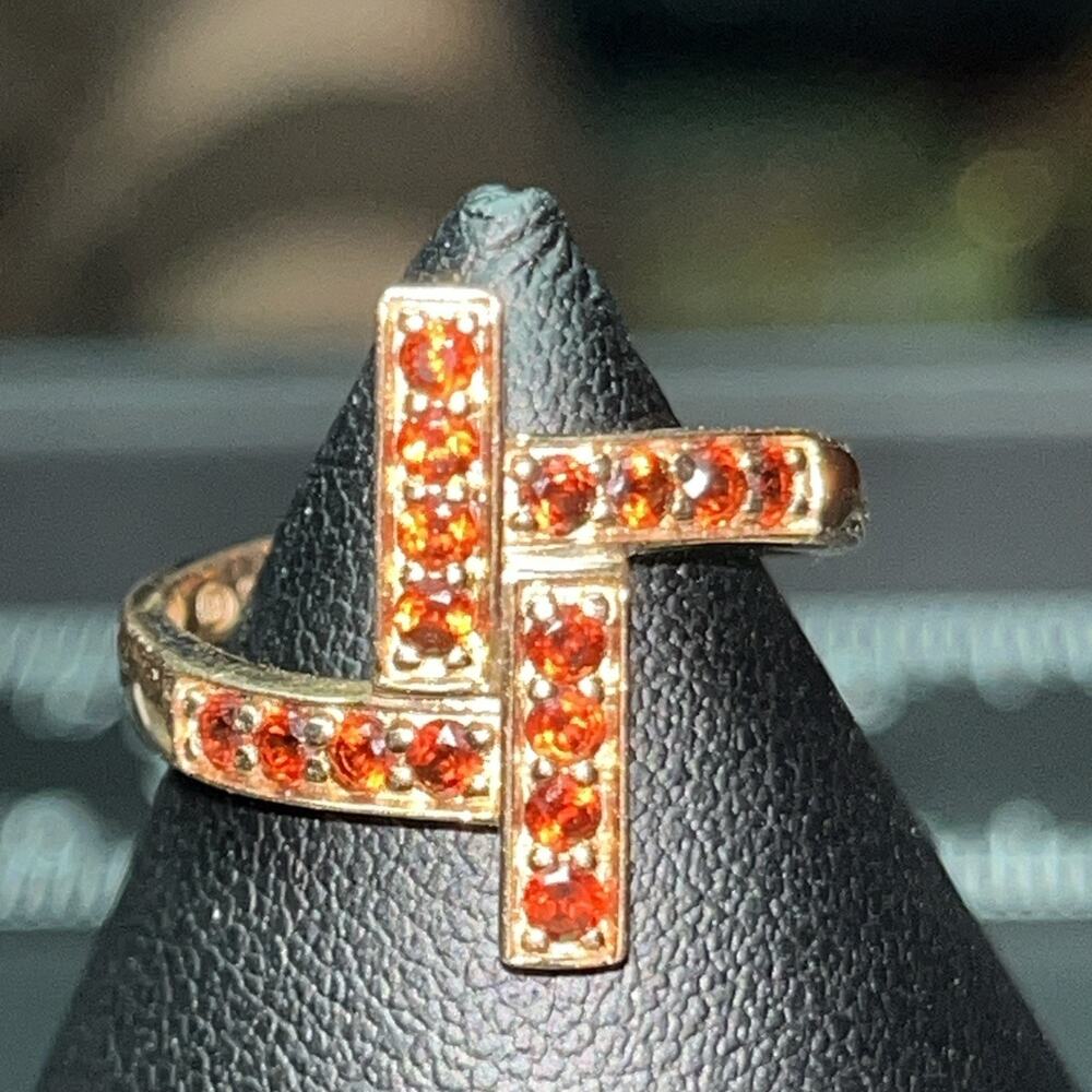 Vintage Style Garnet & Sterling Silver Vermeil Geometric Crossover Ring 925 EA